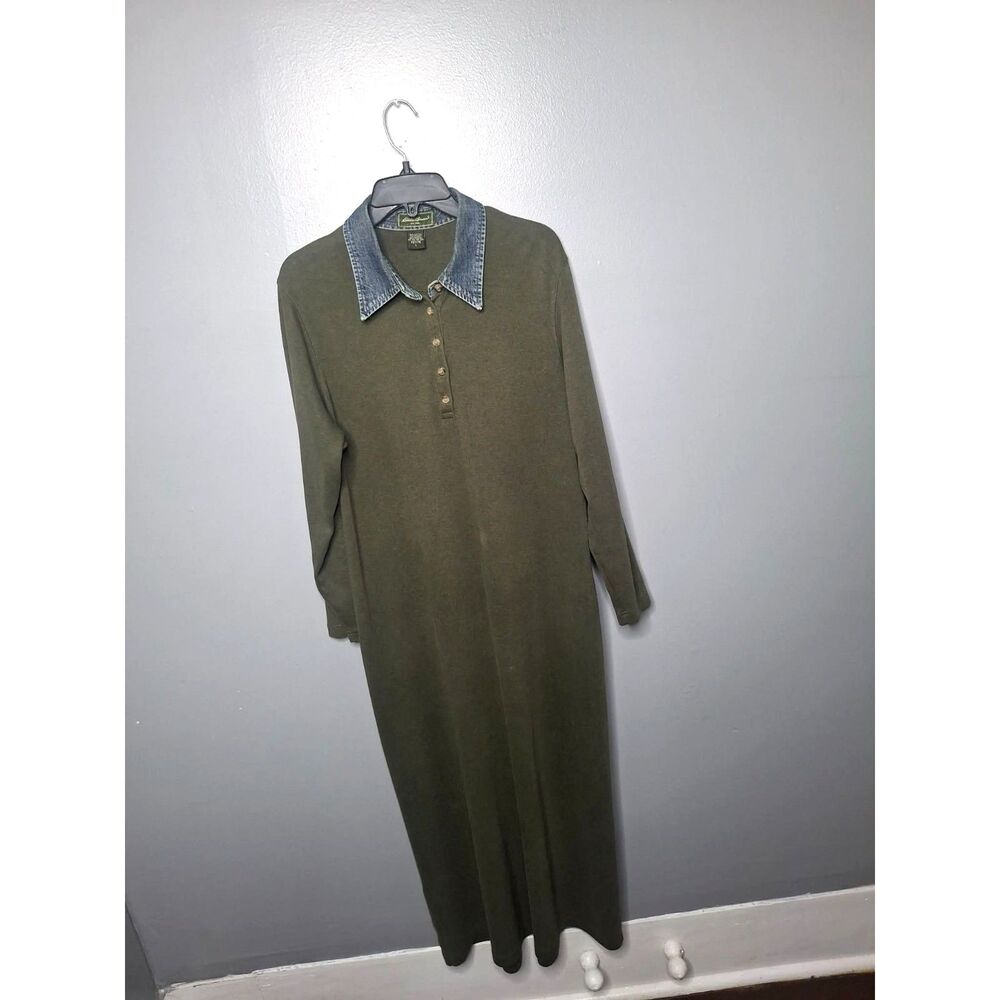 Eddie Bauer Petite L Olive Green Maxi Polo Dress Cotton Stretch DenimCollar Prep